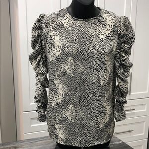 AX Paris Women’s Animal Print Ruffle Sleeve Blouse | Size 8 | Black & Cream